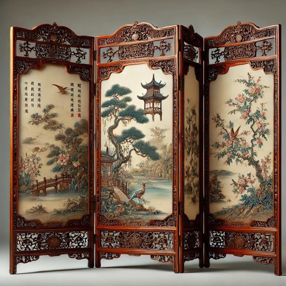 Paravent chinois ancien en soie avec motifs floraux et oiseaux