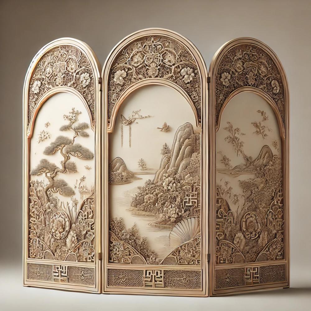 Paravent arrondi avec motifs chinois de fleurs et paysages