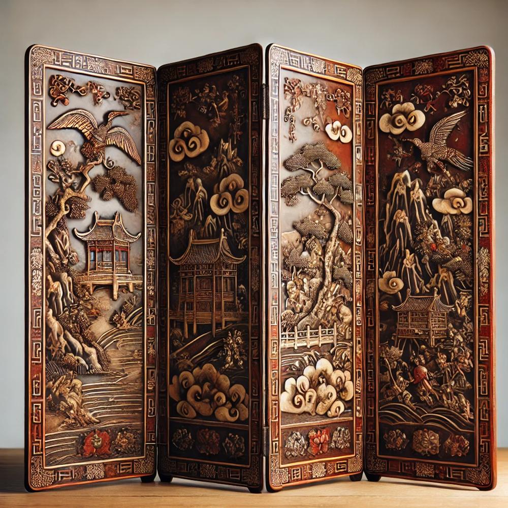 Paravent ancien en laque noire avec motifs traditionnels chinois