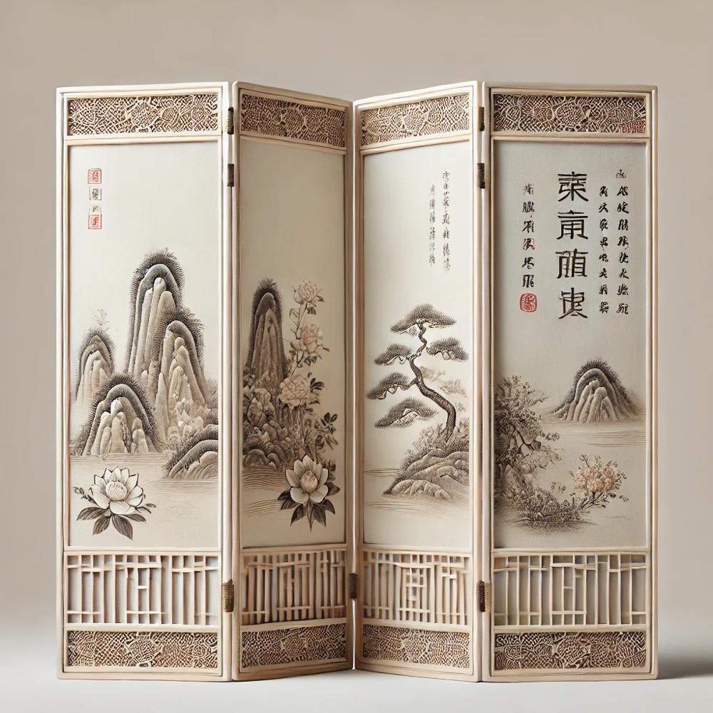 Paravent en papier avec motifs chinois traditionnels de paysages et calligraphie