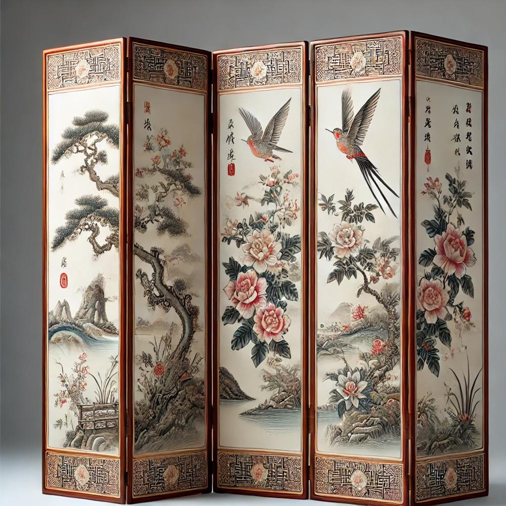 Paravent en soie avec motifs traditionnels chinois de fleurs et oiseaux