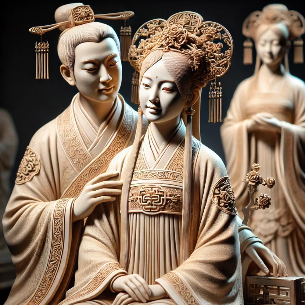 Sculpture d'un couple chinois en tenue traditionnelle célébrant l'union