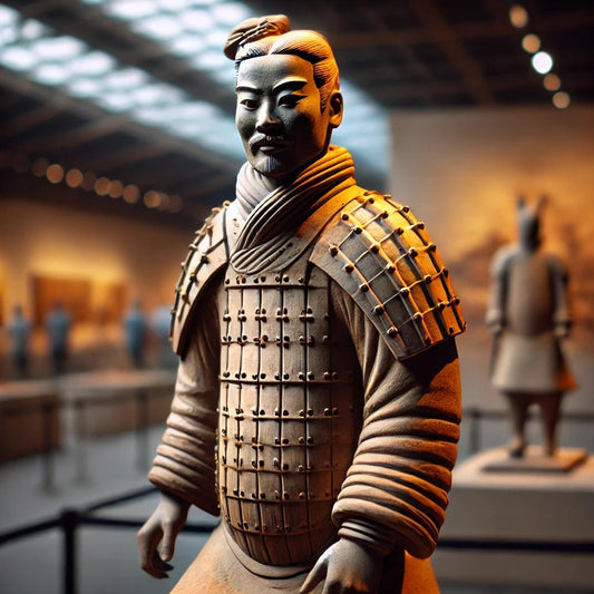 Statue représentant un guerrier de l'armée de terre cuite, en posture de combat avec armure détaillée