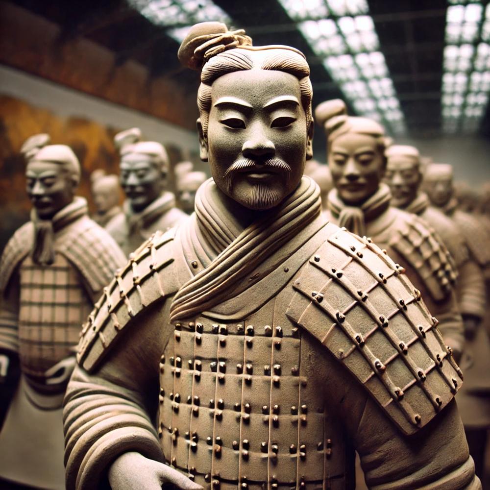 Statue détaillée d'un soldat de l'armée de terre cuite de Xian en tenue de bataille