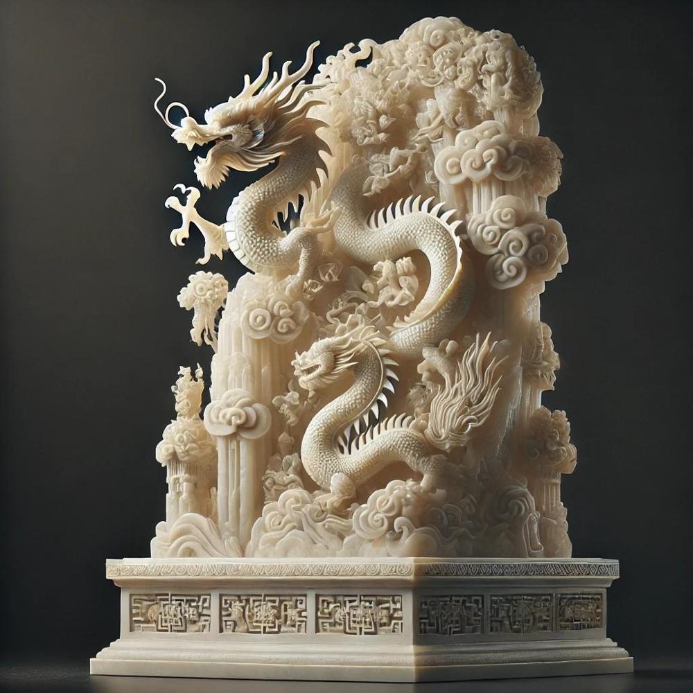 Statue chinoise en albatre avec dragon sculpté en relief