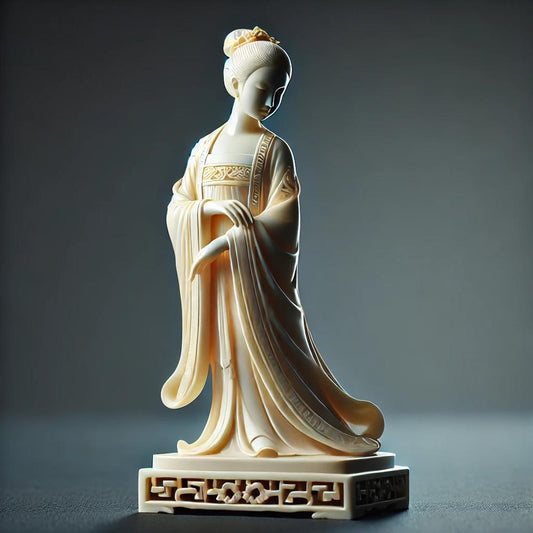 Statuette chinoise en ivoire d'une femme en robe traditionnelle ornée